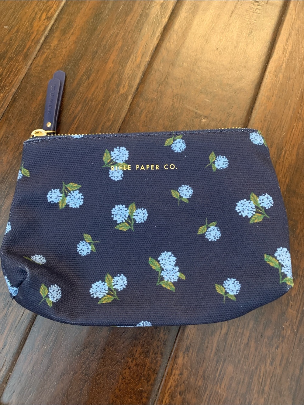 Rifle Paper Co. Navy Floral Cosmetic Pouch with Light Blue hydrangea Blooms